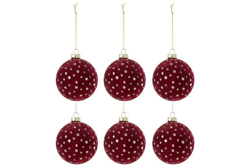 Doos met 6 kerstbal stippen fluweel Bordeaux/Goud