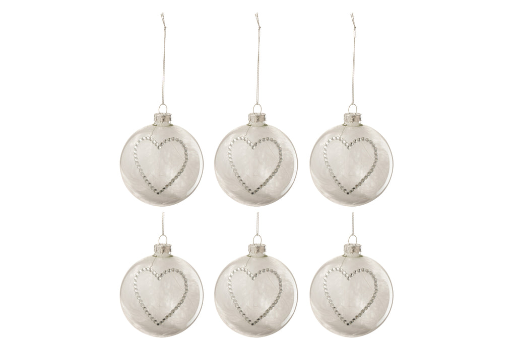 Doos met 6 kerstballen Hart Strass Zilver Veer Wit Glas Helder Klein