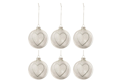 Doos met 6 kerstballen Hart Strass Zilver Veer Wit Glas Helder Klein