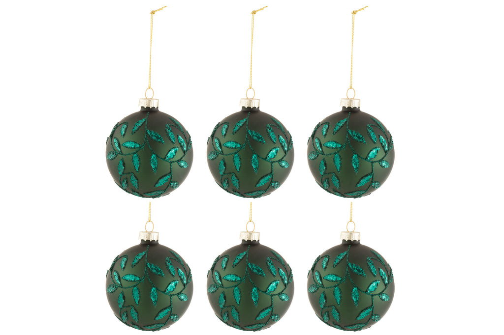 J-Line Box Of 6 Christmas Baubles Leaves Glitter Glass Matte Green Small