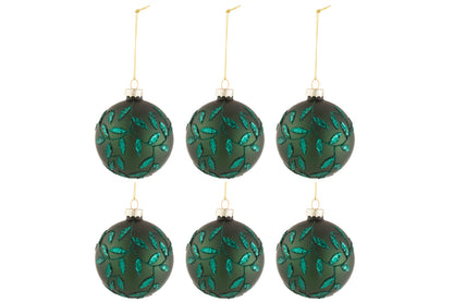 J-Line Box Of 6 Christmas Baubles Leaves Glitter Glass Matte Green Small