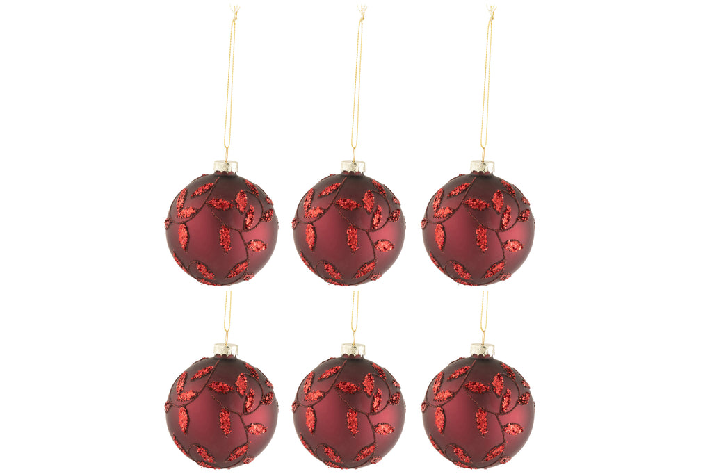 Doos met 6 kerstballen Bladeren Glitter Glas Mat Kerst Rood Klein