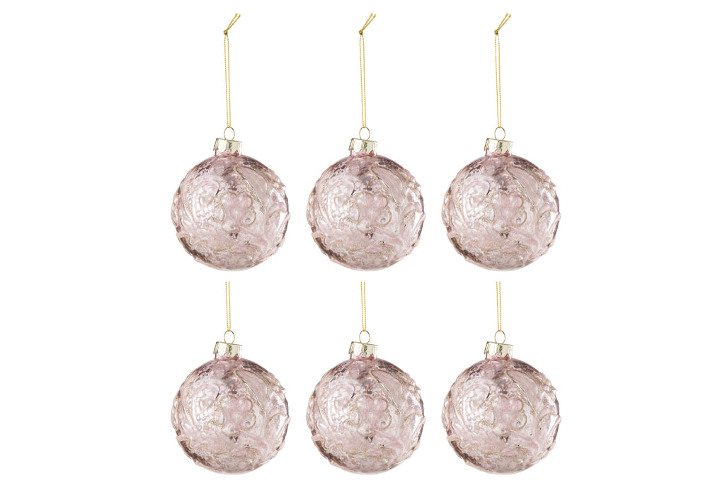 J-Line Box Of 6 Christmas Bauble Motive Rose Sequins Glass Light Pink Small