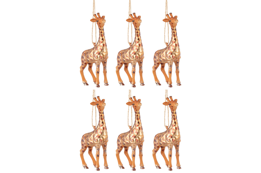 J-Line Box Of 6 Christmas Baubles Giraffe Glass Brown Mix