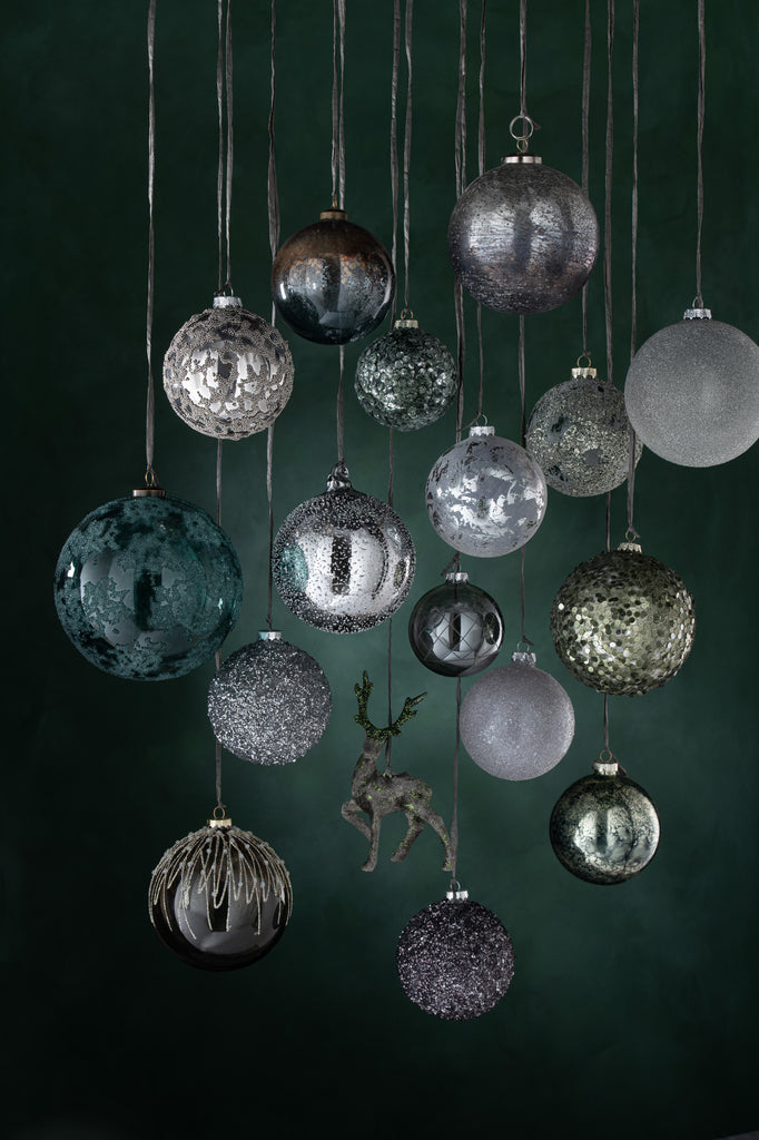 Doos met 6 kerstballen Glitterglas Smokey Grey Klein