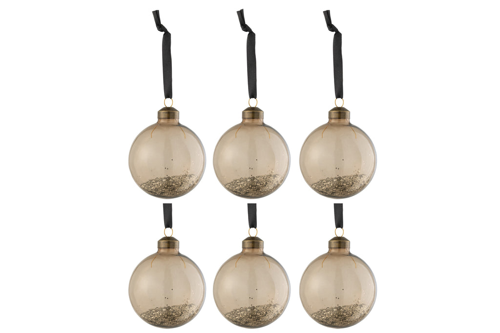 J-Line Doos met 6 kerstballen glitter binnenin glas bruin