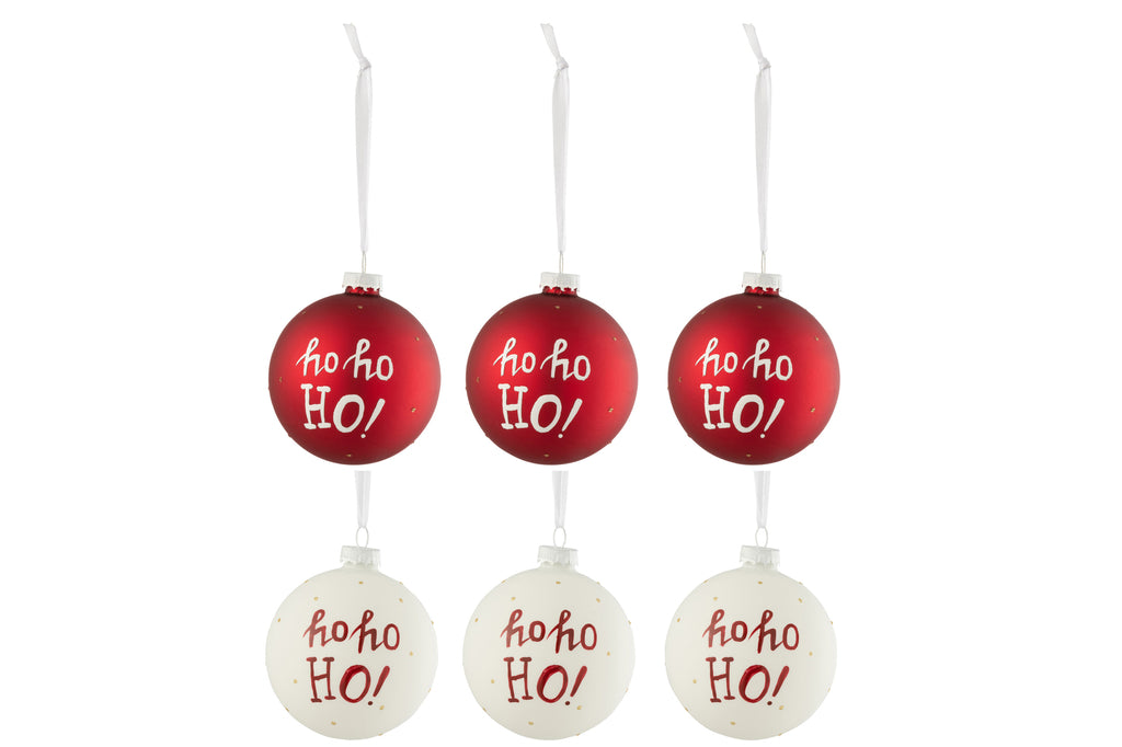 J-Line Doos Met 6 Kerstballen Hohoho! Glas Wit/Rood Klein