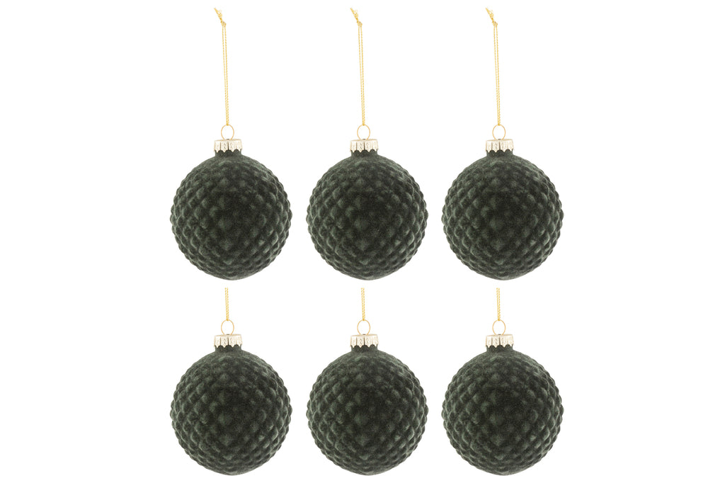 J-Line Box Of 6 Christmas Baubles Pattern Velvet Glass Dark Green Small