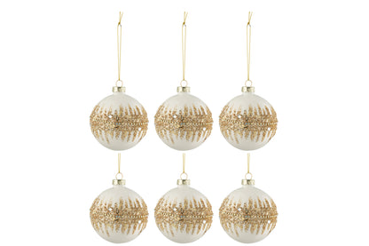 Doos met 6 kerstballen rond glitter goud glas glanzend wit