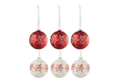 Doos met 6 kerstballen sneeuwvlokken glitter glas wit/rood klein