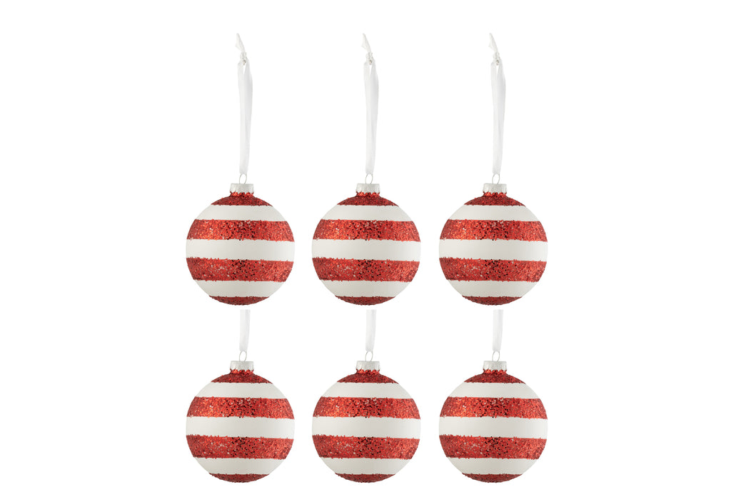 J-Line Doos met 6 kerstballen strepen glitter glas wit/rood klein