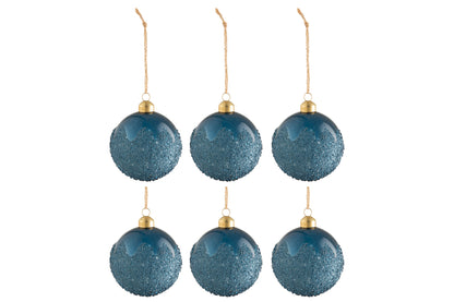 J-Line Box Of 6 Christmas Baubles Sugar Glass Matte Blue Small