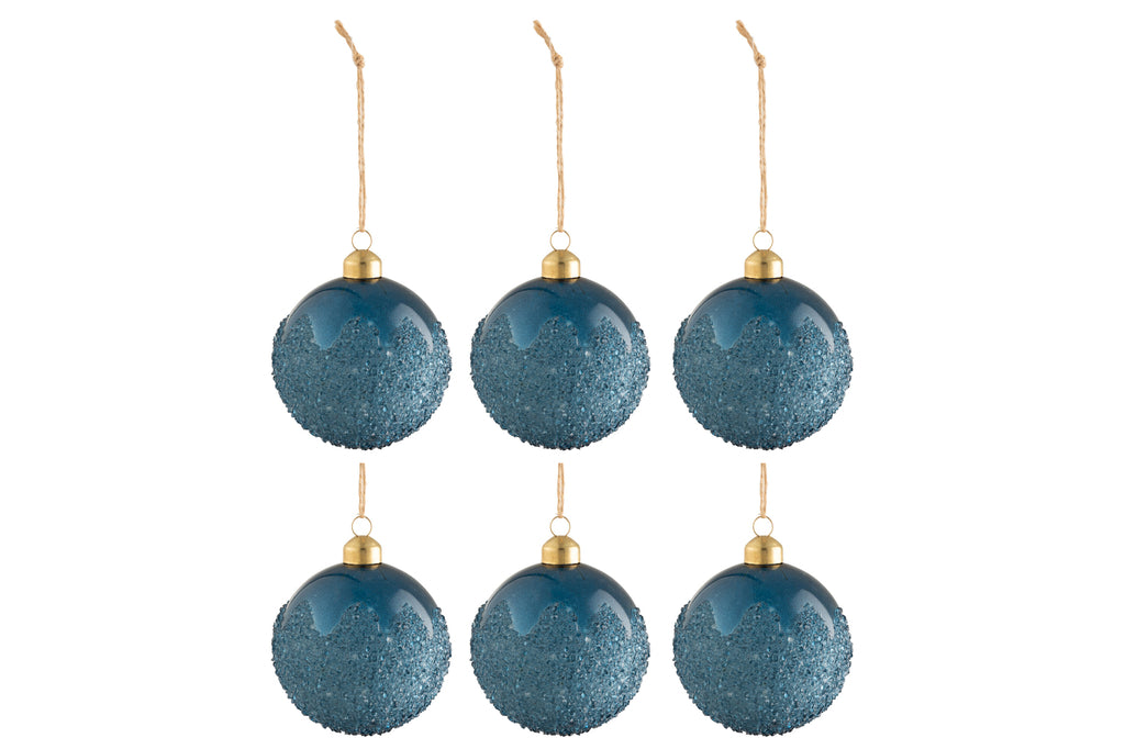 Doos met 6 kerstballen van suikerglas in mat blauw klein.