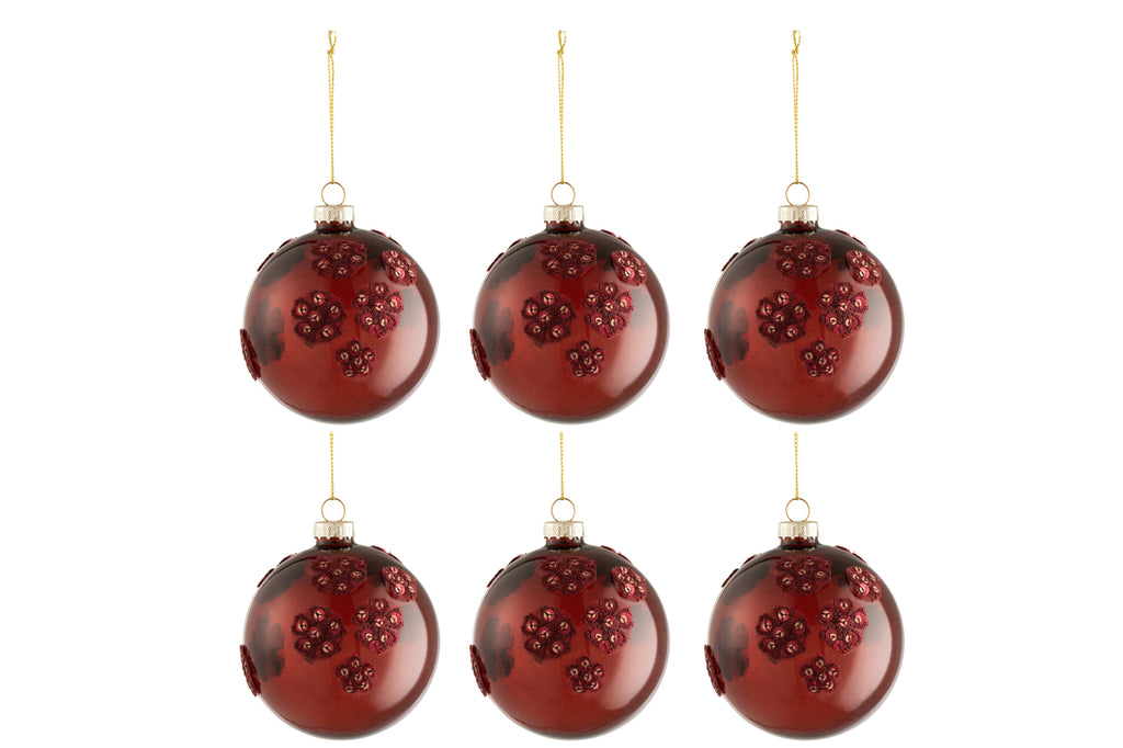 J-Line Box Of 6 Christmas Baubles Flowers Glass Burgundy Small