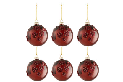 J-Line Box Of 6 Christmas Baubles Flowers Glass Burgundy Small