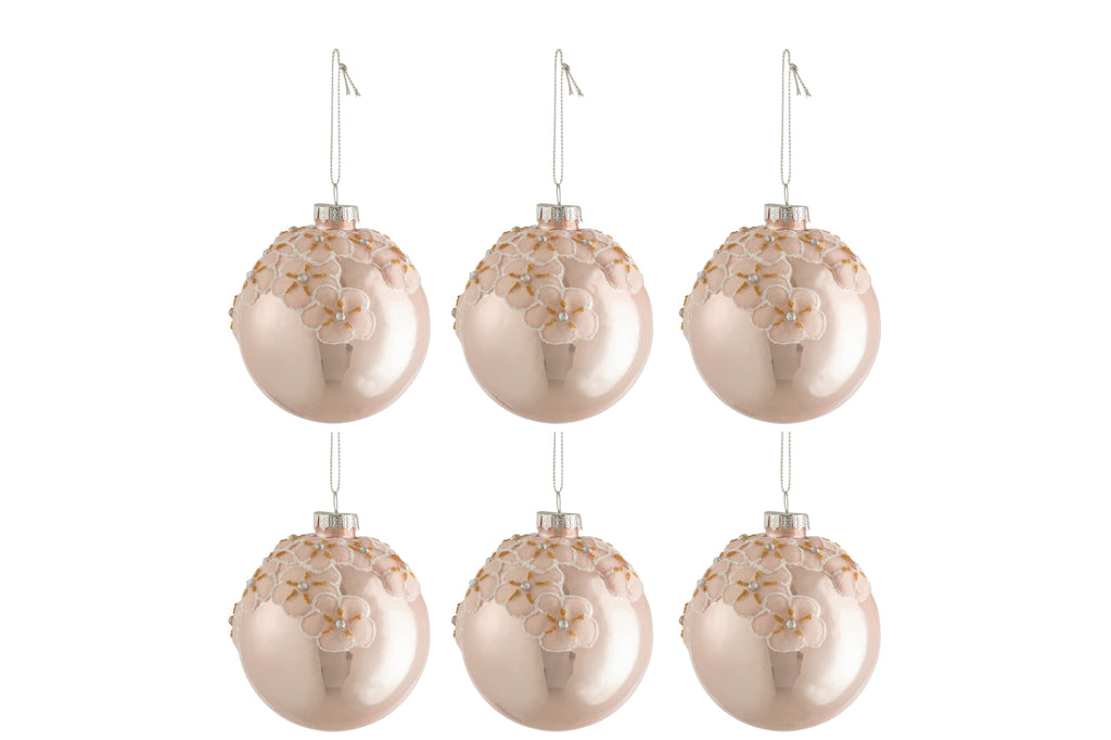 J-Line Box Of 6 Christmas Baubles Flowers Glass Shiny Light Pink Small