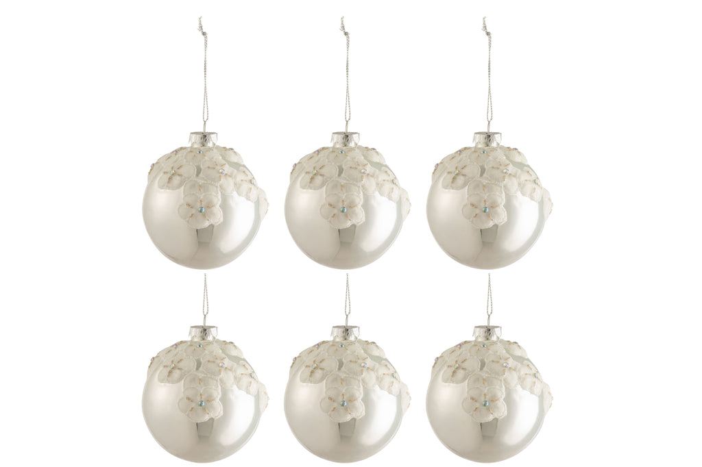 Doos met 6 kerstballen bloemen glas glanzend zilver klein