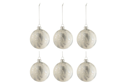 Doos met 6 kerstballen met marmeren uitstraling van glas wit/zilver klein