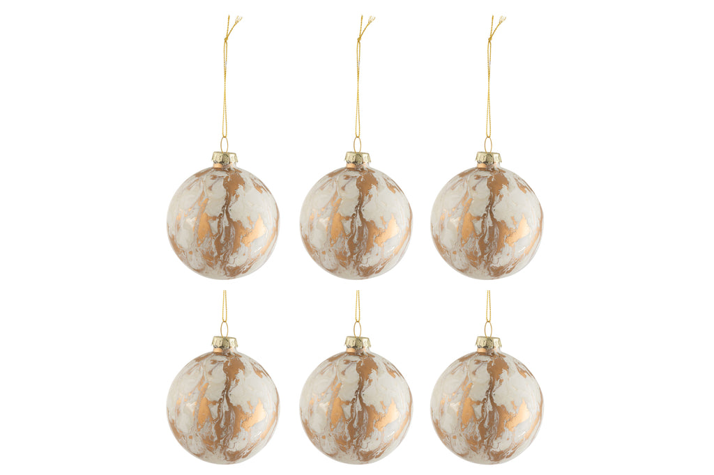 J-Line Doos met 6 kerstballen marmerlook glas wit/goud klein