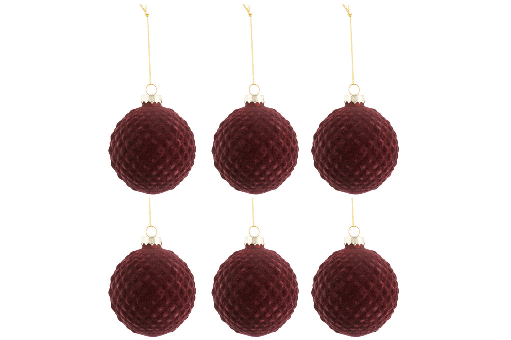 Doos met 6 kerstballen patroon fluweel glas bordeaux klein