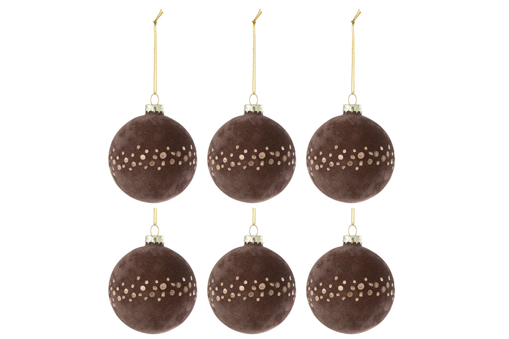 J-Line Box Of 6 Christmas Bauble Dots Velvet Brown/Gold