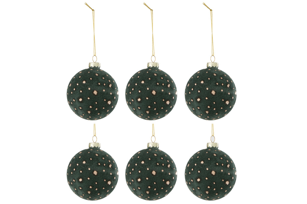 J-Line Box Of 6 Christmas Bauble Dots Velvet Green/Gold