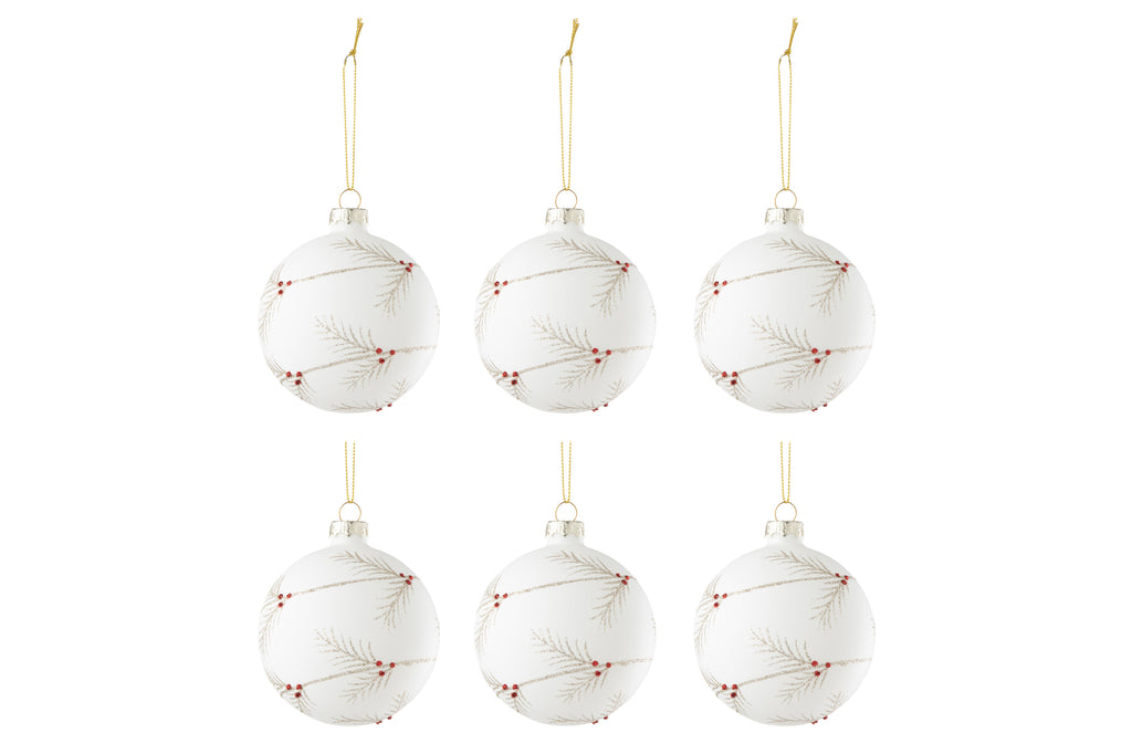 Doos met 6 kerstballen hulst glas wit/rood