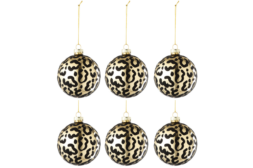 Doos met 6 kerstballen luipaardglas goud/zwart