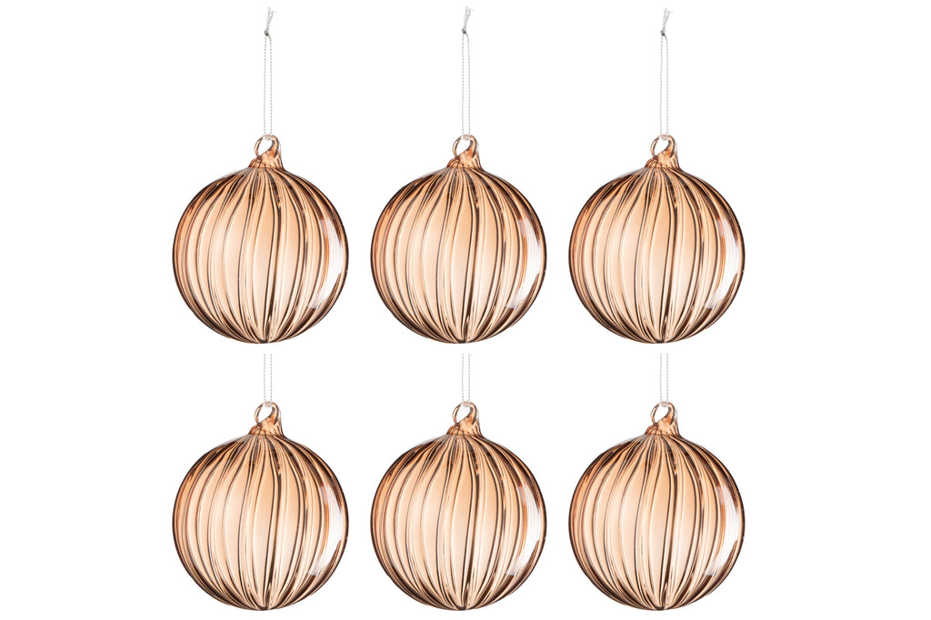 J-Line Box Of 6 Christmas Bauble Ribbed Glass Brown Light Small