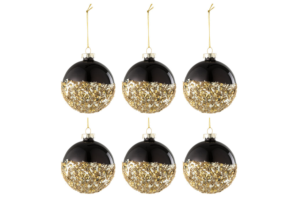 Doos met 6 kerstbal pailletten glas zwart/goud