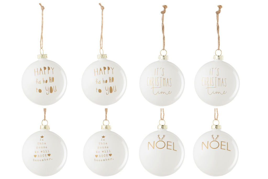 Doos met 8 kerstballen 2+2+2+2 Tekst Kerst Glas Wit/Goud