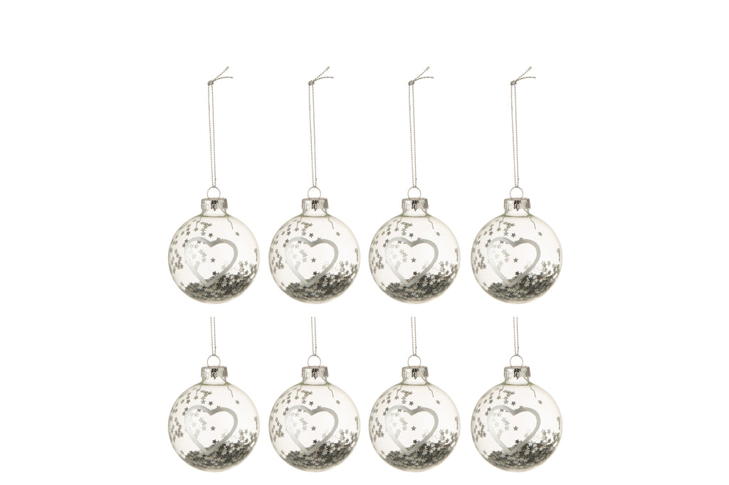 J-Line Doos met 8 kerstballen Hart Glas Helder Zilver Klein