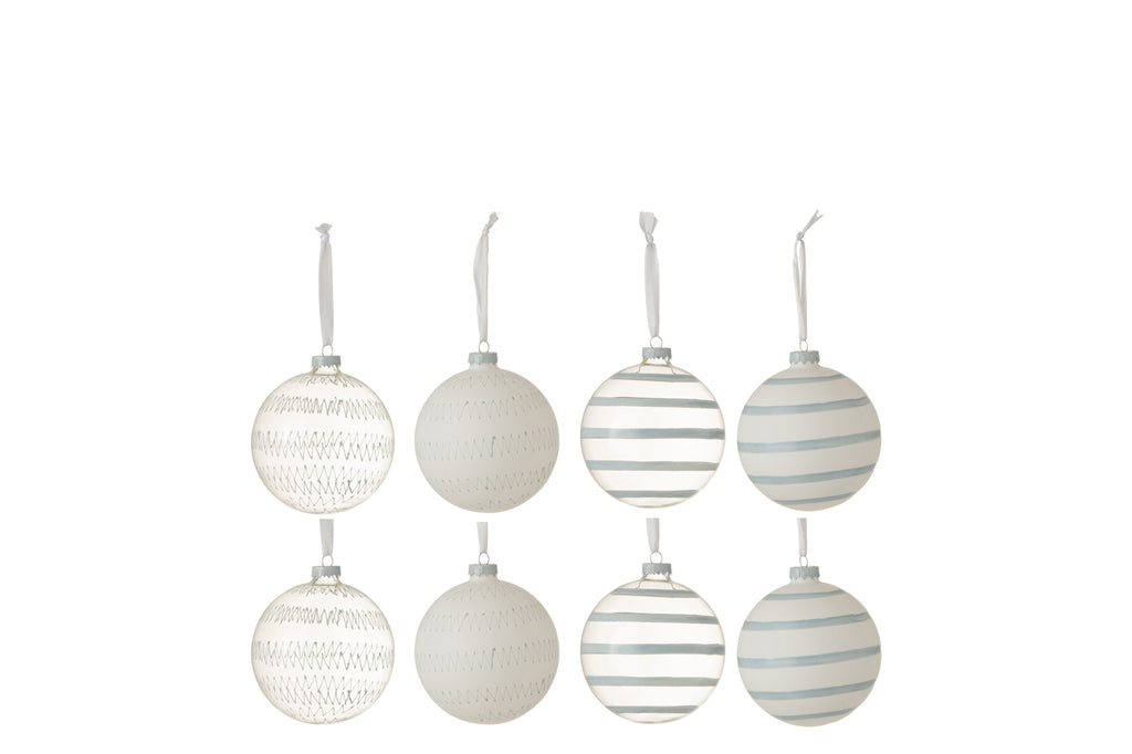 Doos met 8 kerstballen, 4 glashelder/4 opaalwit/blauw, kleine assortiment van 2.