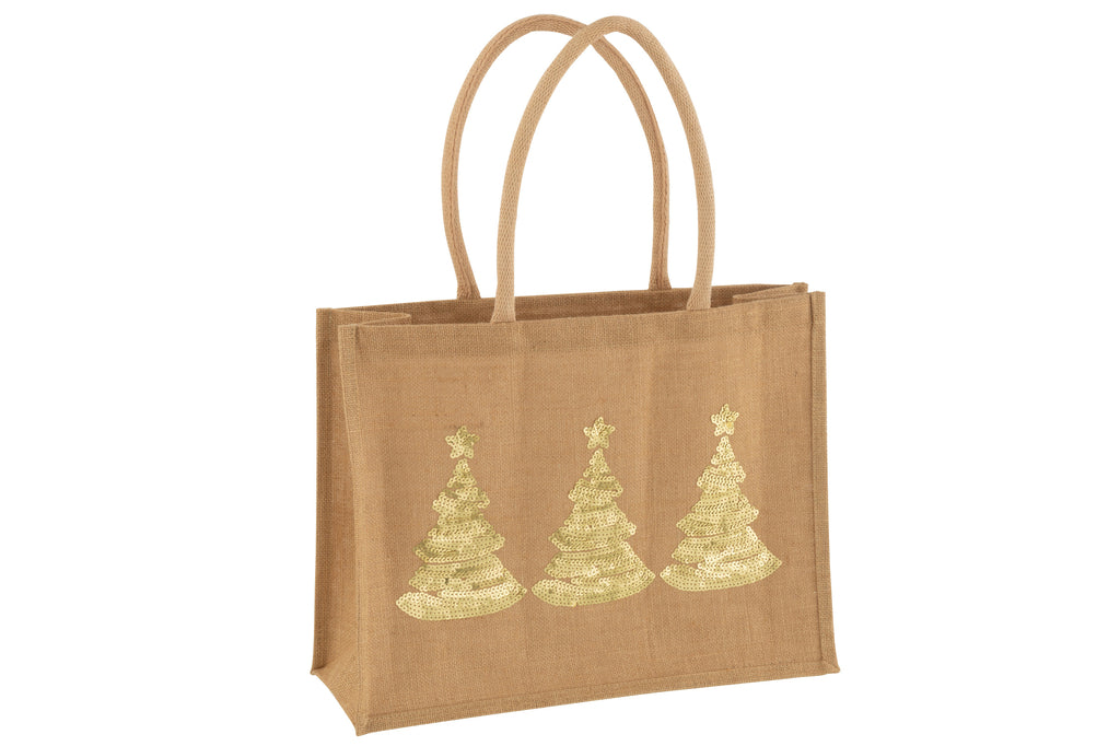 J-Line Bag 2 Christmas Trees Sequin Jute Natural/Gold