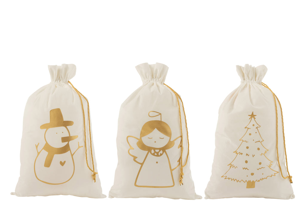 Tas Kerstengel/Kerstboom/Sneeuwpop Fluweel Wit/Goud Groot Assortiment Van 3