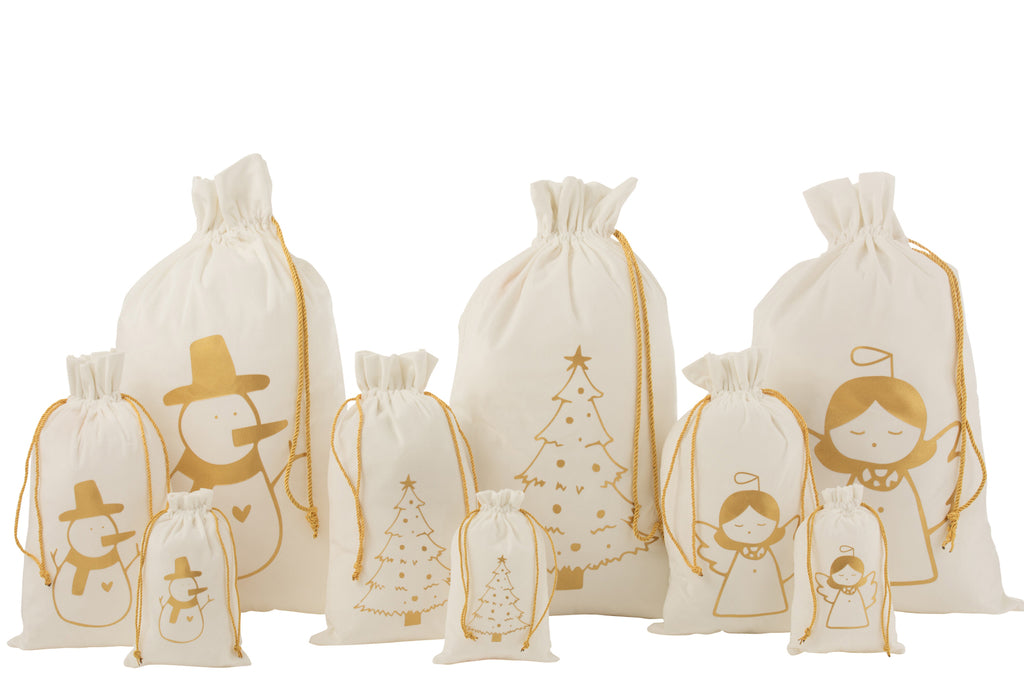 Tas Kerstengel/Kerstboom/Sneeuwpop Fluweel Wit/Goud Groot Assortiment Van 3