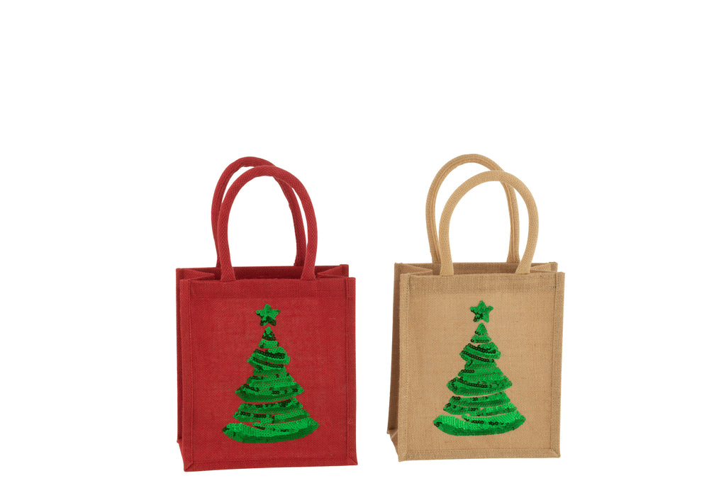 Zak Kerstboom Pailletten Jute Natuurlijk/Rood Assortiment Van 2