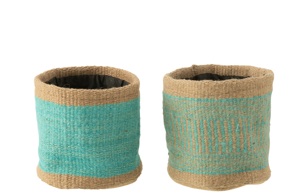 Mand Ronde + Band Jute Natuurlijk/Azure Groot Assortiment Van 2