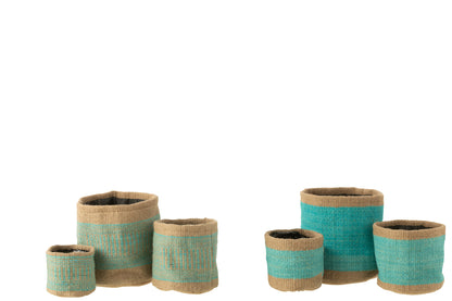 Mand Ronde + Band Jute Natuurlijk/Azure Groot Assortiment Van 2