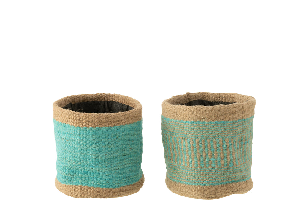 Mand Ronde + Band Jute Natuurlijk/Azure Middel Assortiment Van 2