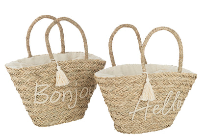 Beach Bag Bonjour/Hello Tassel Jute Natural/White, set of 2