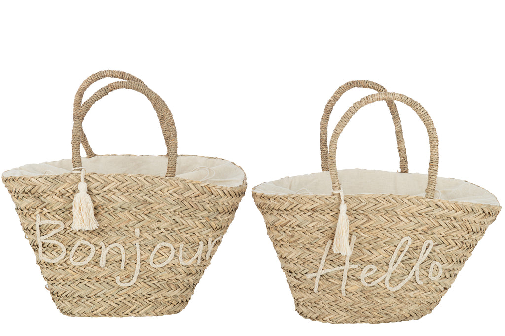 Beach Bag Bonjour/Hello Tassel Jute Natural/White, set of 2