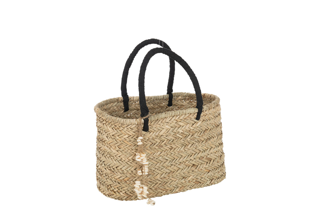 Strandtas met schelpen Zwarte handvatten Jute Natuur/Zwart Groot