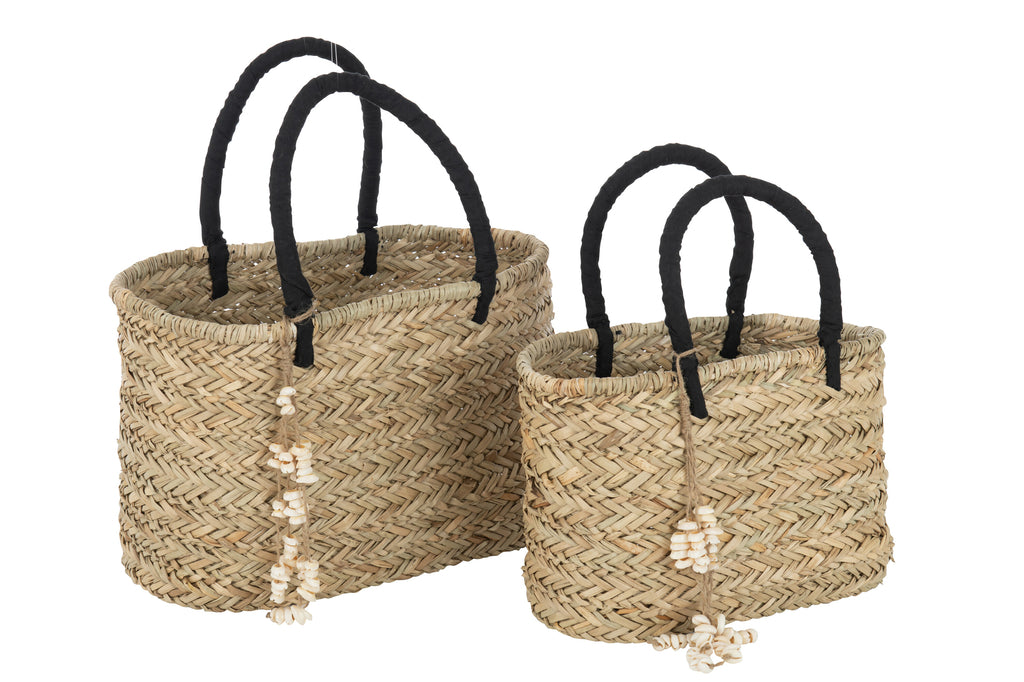 Strandtas met schelpen Zwarte handvatten Jute Natuur/Zwart Groot