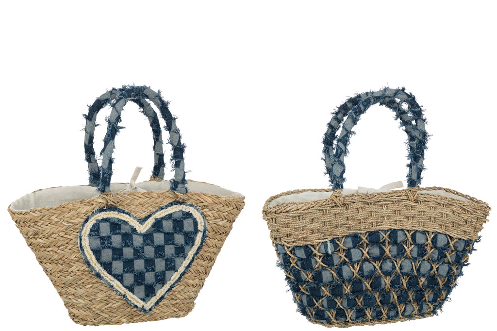 Strandtas Hart/Patroon Denim Zeegras Natuur/Blauw Assortiment Van 2