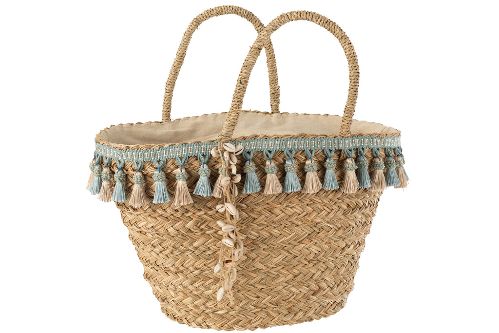 Strandtas Kwastjes Blauw/Beige Riet Natuurlijk