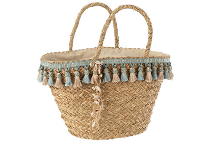 Strandtas Kwastjes Blauw/Beige Riet Natuurlijk