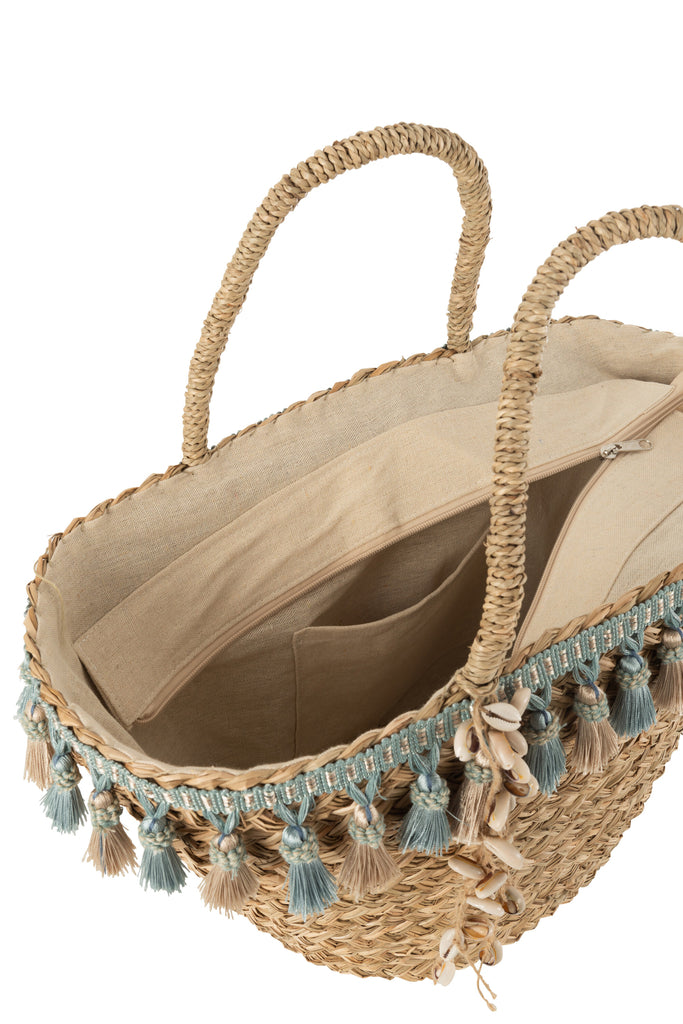 Strandtas Kwastjes Blauw/Beige Riet Natuurlijk