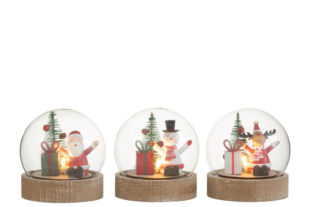 Klokglas Kerstman/Rendier/Sneeuwpop+Led Hout/Glas Mix Assortiment Van 3