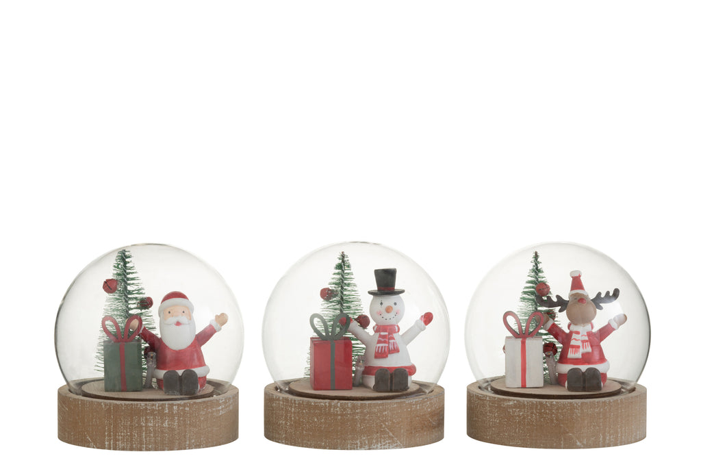 Klokglas Kerstman/Rendier/Sneeuwpop+Led Hout/Glas Mix Assortiment Van 3